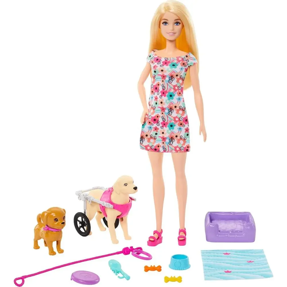 Barbie Doll with 2 Toy Dogs & Accessories Pup Removable Wheelchair NWT